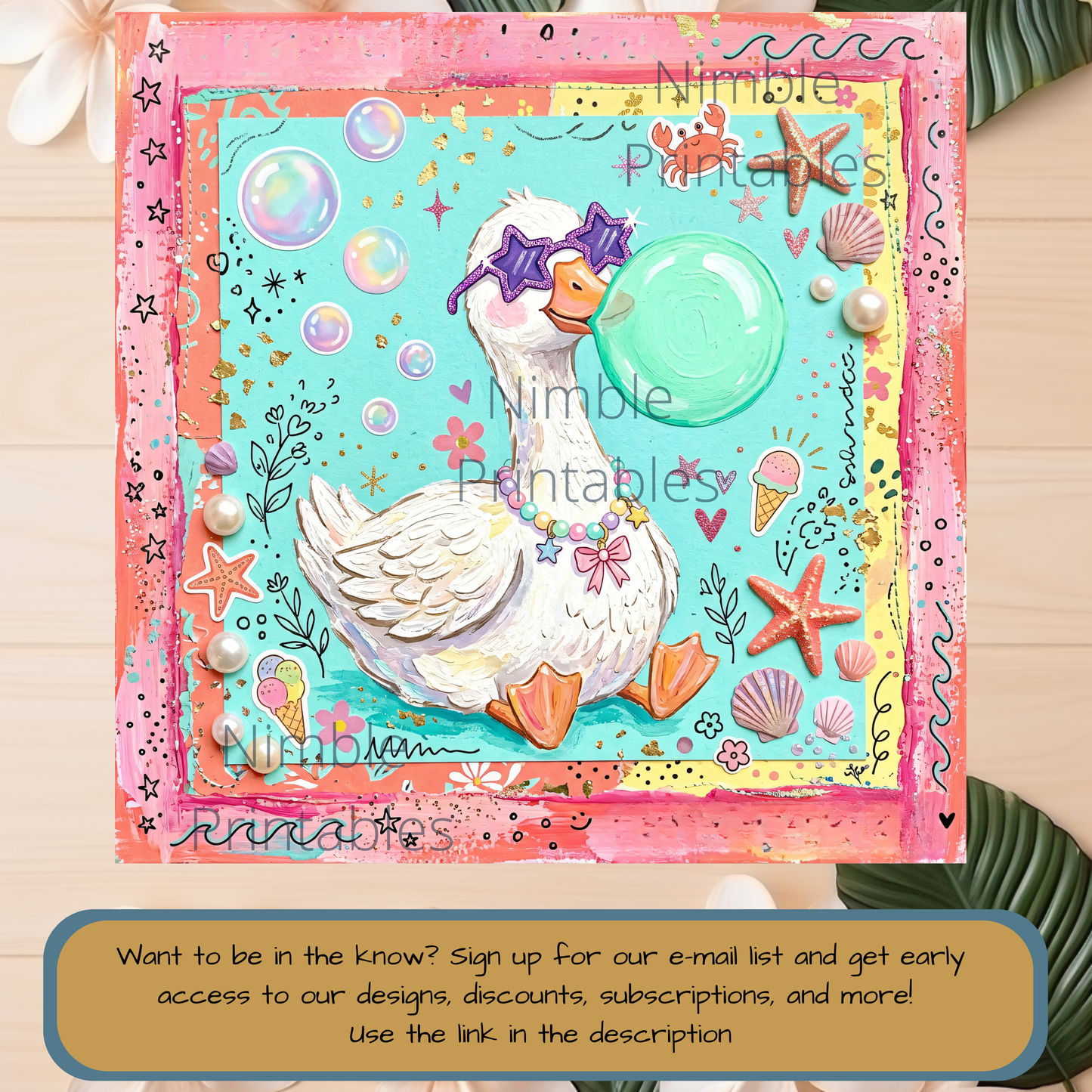 Cute goose wearing sunglasses blows a large bubble, surrounded by summer icons.