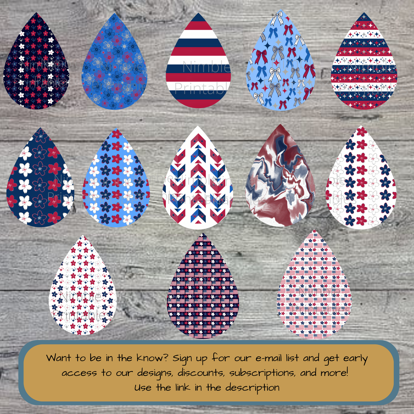 Collection of patriotic teardrop designs with bows, flowers, and stripes.