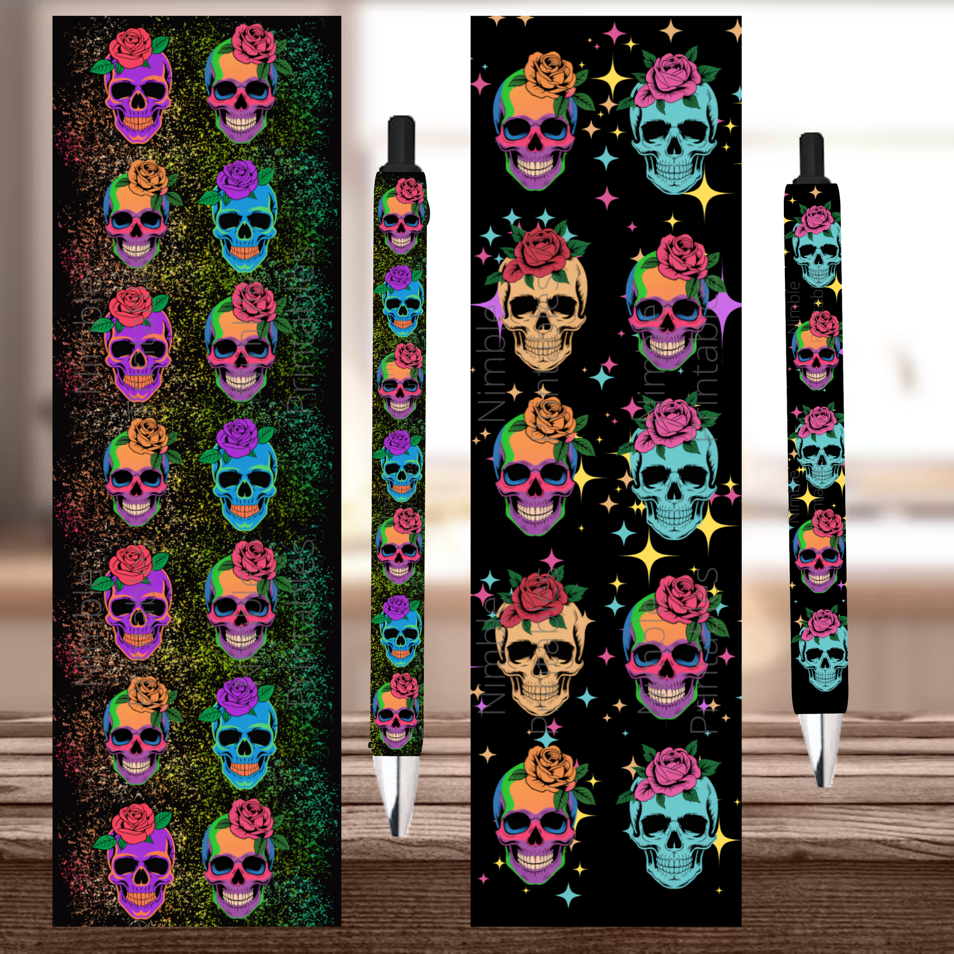 Rainbow skull and rose designs on a black background and colorful pen wrap.