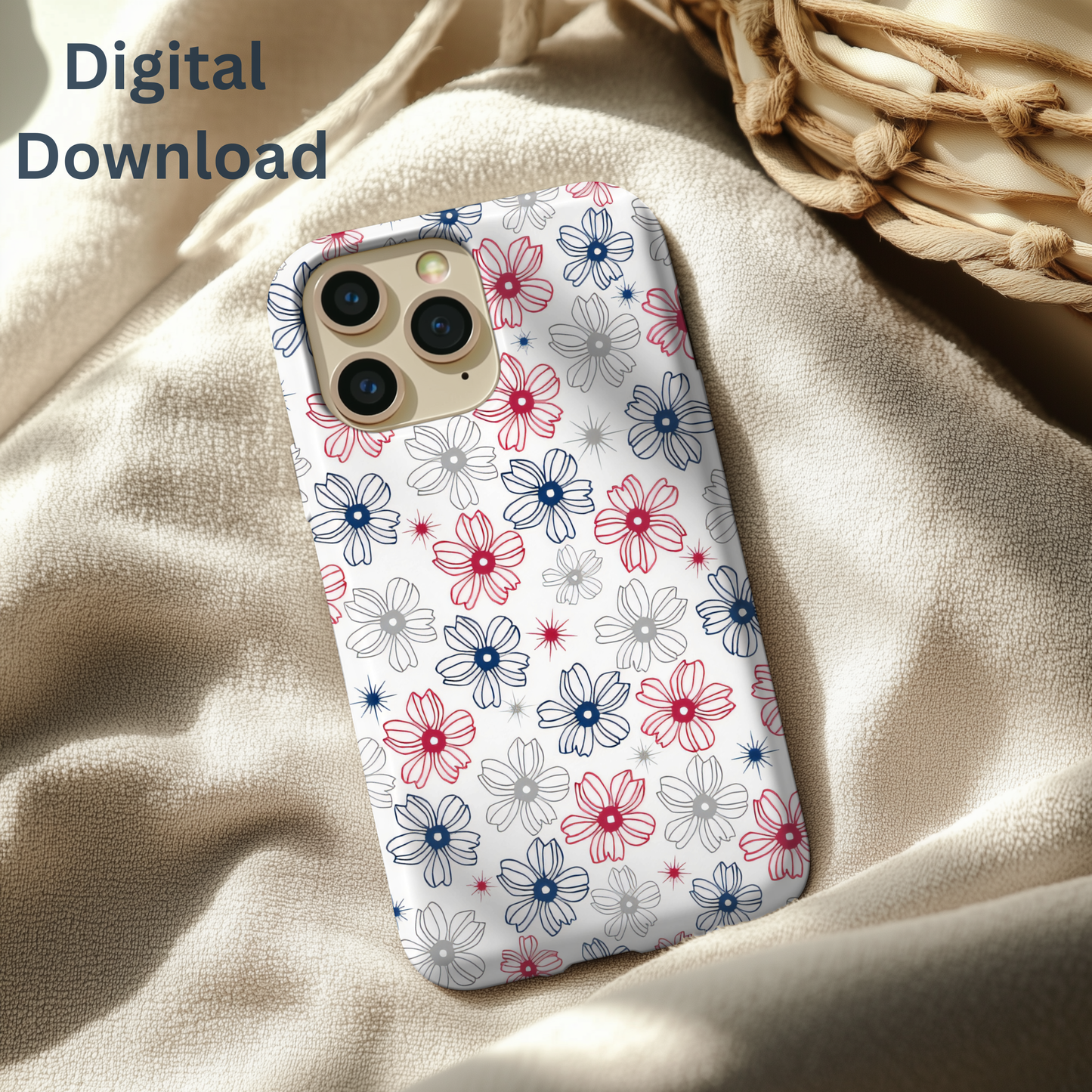 Phone case with red, white, and blue floral pattern on textured fabric.