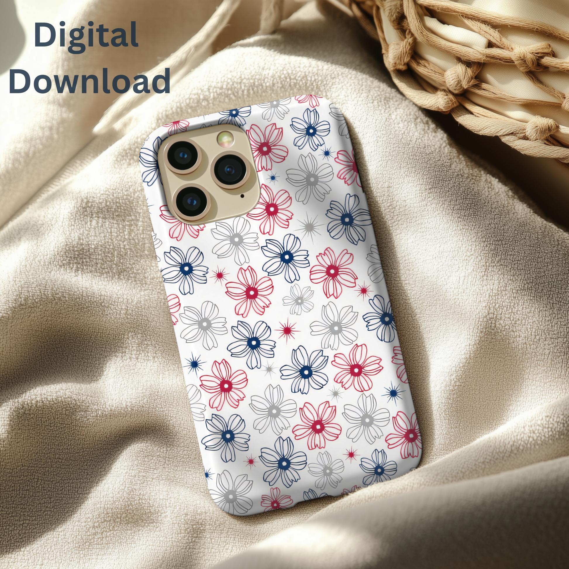 Phone case with red, white, and blue floral pattern on textured fabric.