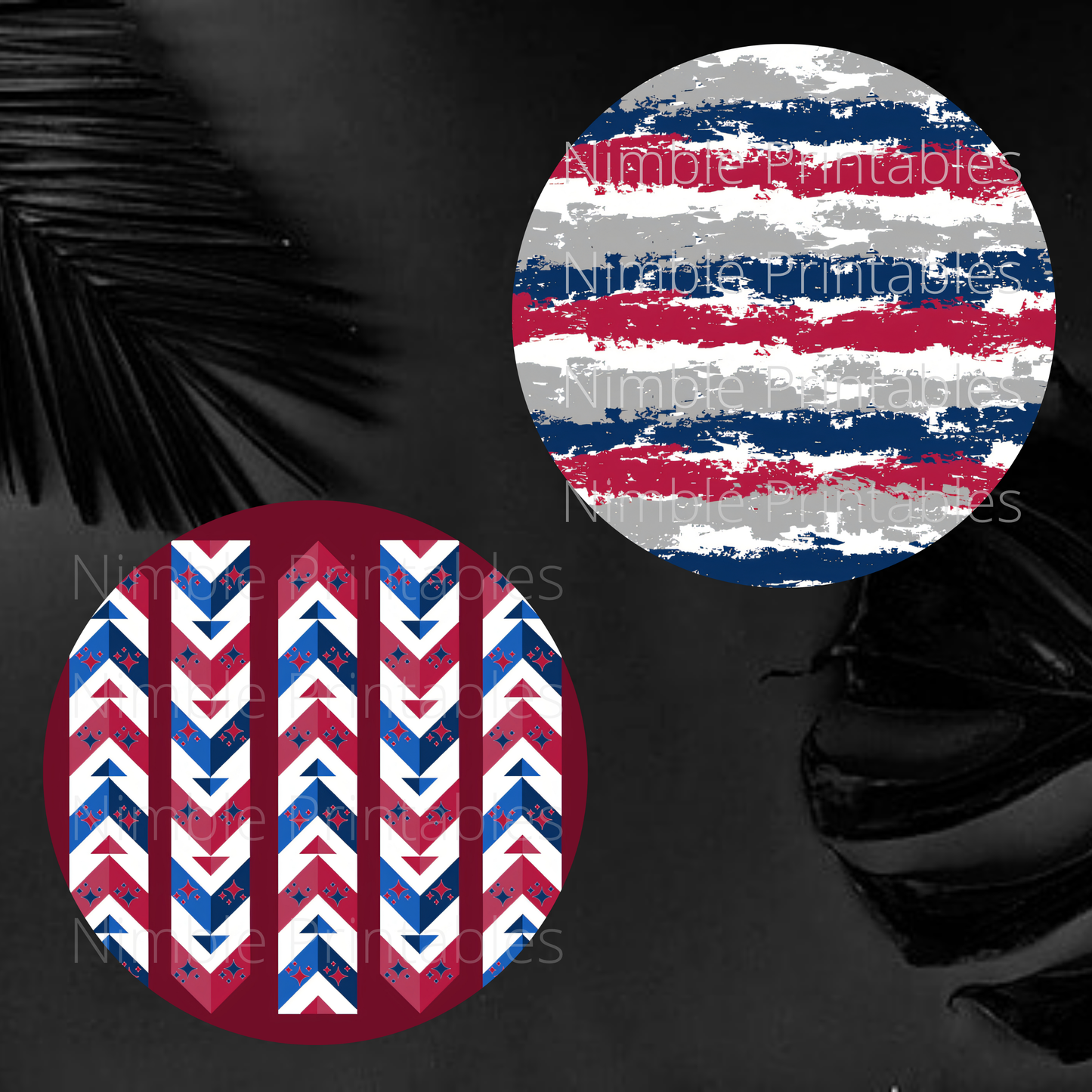 Circular pattern with red, white, and blue arrows, and patriotic watercolor stripes.