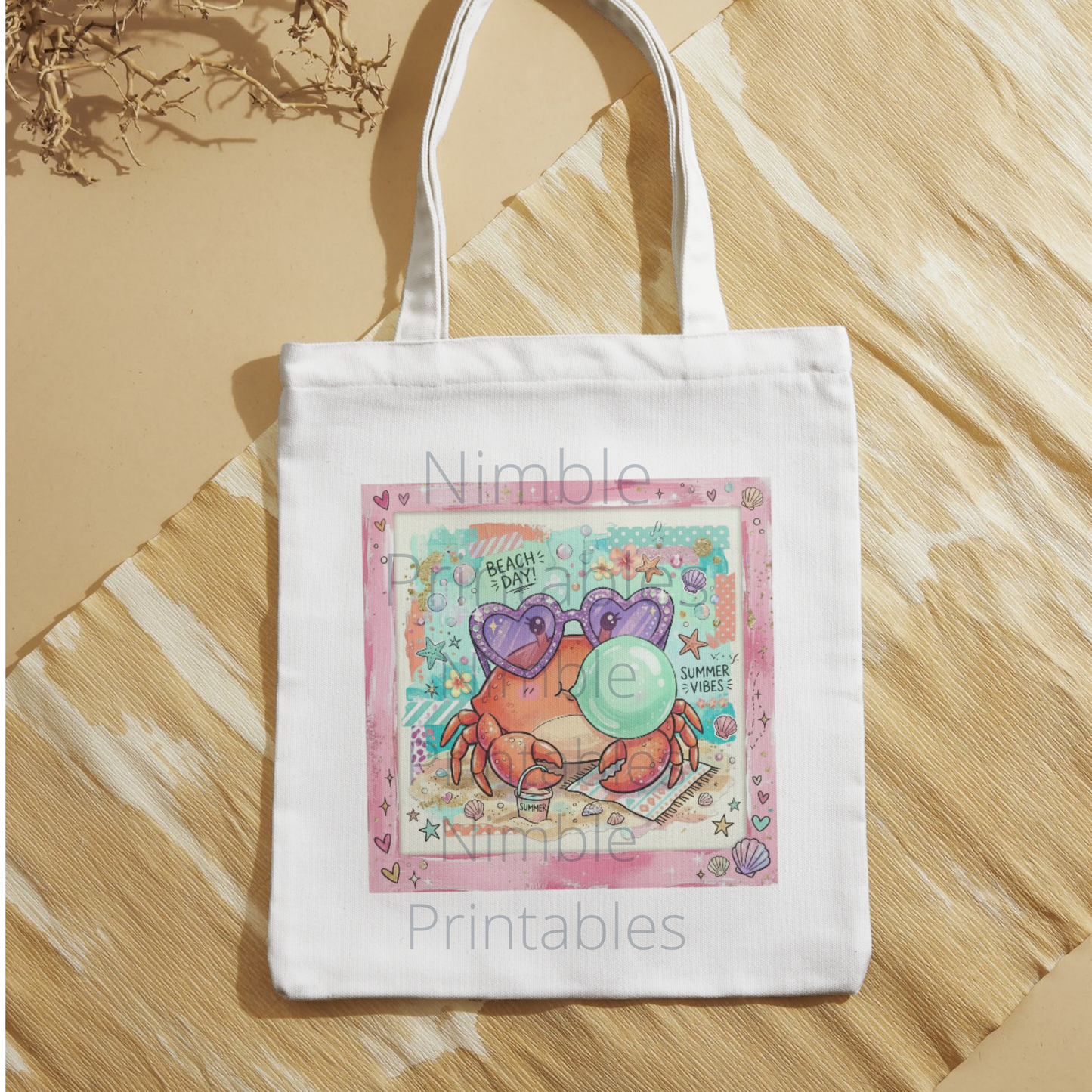 Tote bag with crab wearing sunglasses, blowing bubblegum, with "Summer Vibes" text.