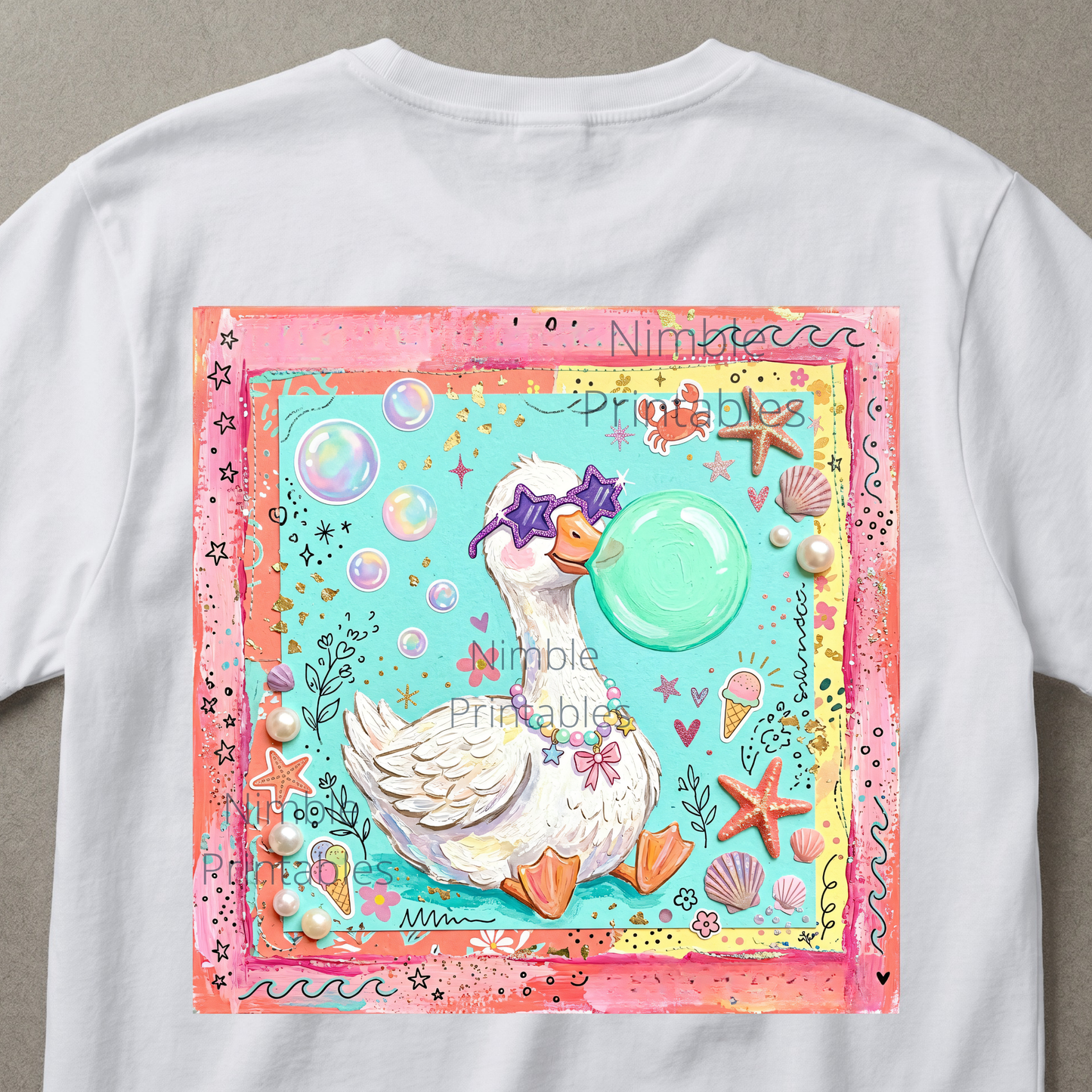 Goose wearing sunglasses blowing a bubble, surrounded by beach-themed decorations.