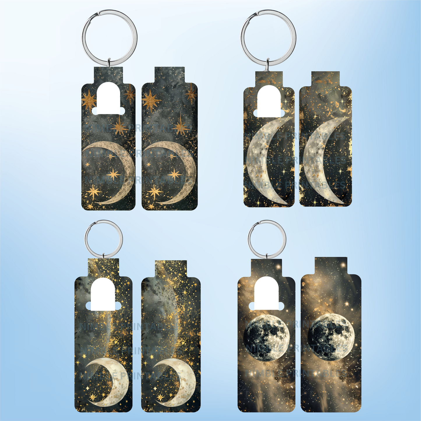 Celestial Moon Phase Keychain Set, Starry Night Sky, Galaxy Space Design, Cosmic Keyring Collection, Universal Key Holder, Unique Gift Idea