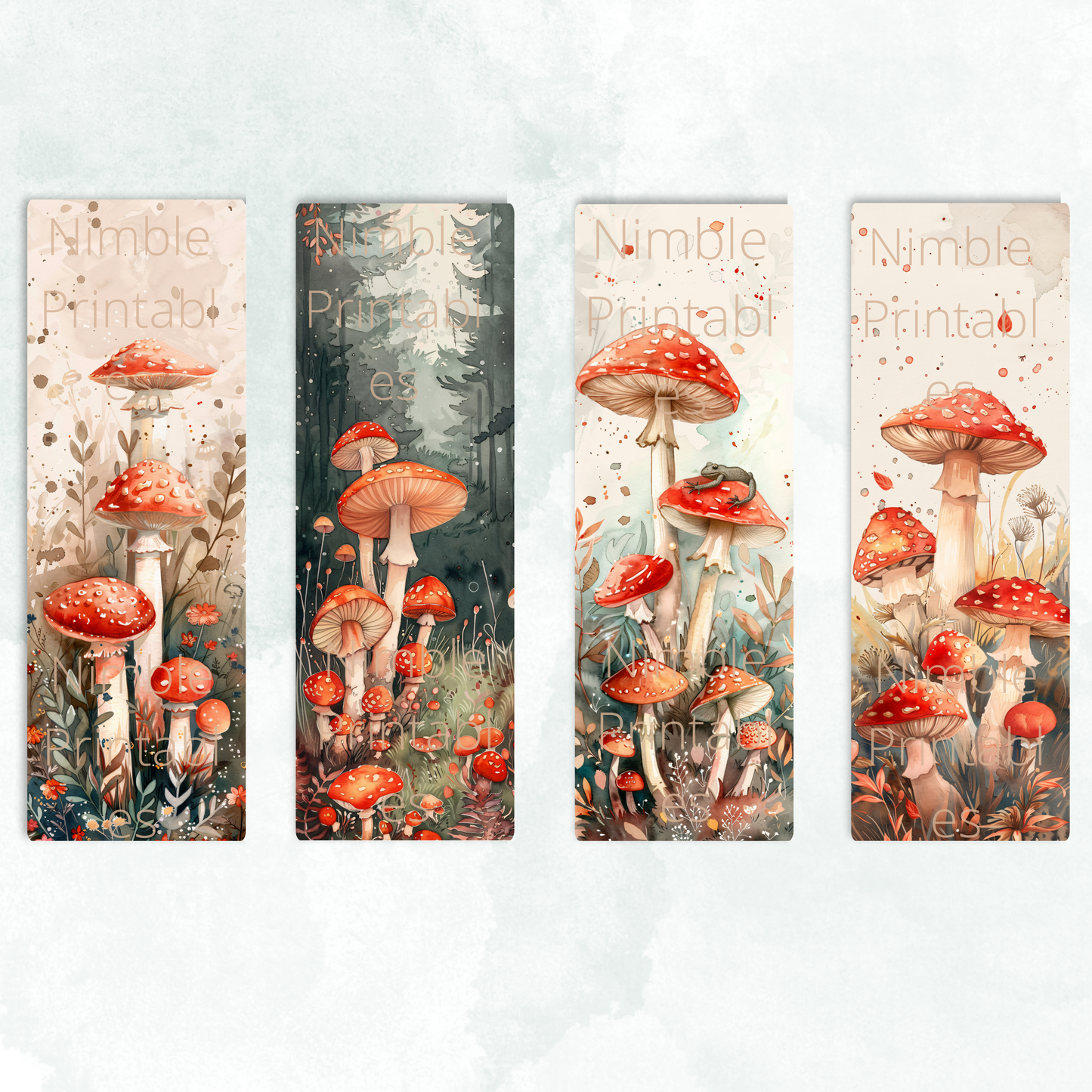Printable Bookmarks Bundle Cottagecore Mushroom, Digital Downloads, Watercolor Bookmark, 34 PNG & 34 JPG Bookmark Sublimation Toad PNG