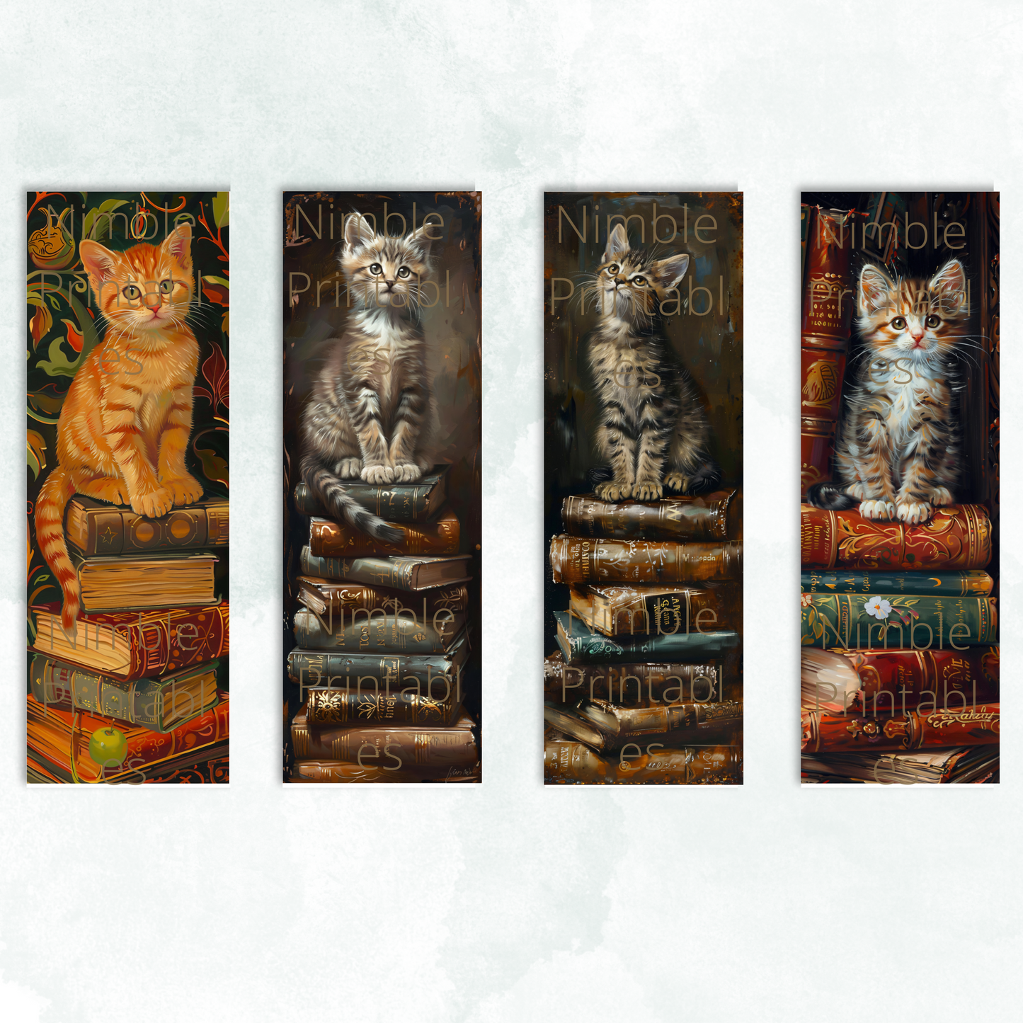 Printable Bookmarks Bundle, Cute Bookmarks, Kitten PNG, Digital Downloads, Watercolor Bookmark, 30 PNG and 30 JPG Bookmark Sublimation