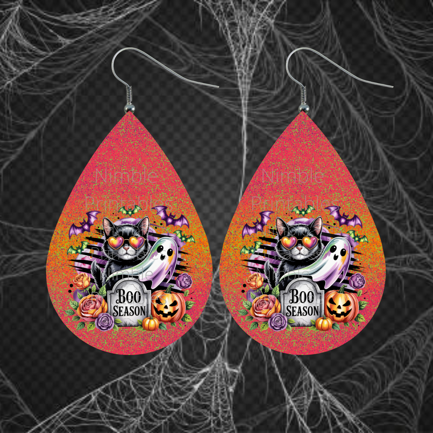 Teardrop Earring PNG Halloween, Ghost, Black Cat, Highland Cow Boo Season PNG Sublimation Earring Bundle Designs Digital Instant Download