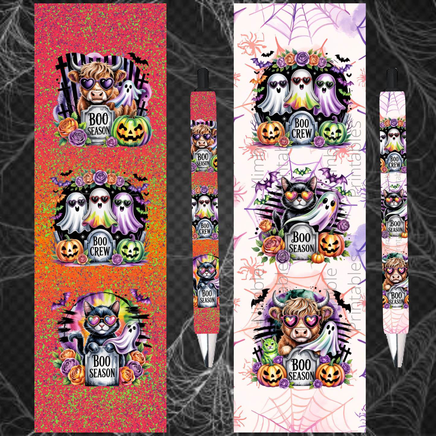 Pen Wraps Sublimation Designs PNG, Skinny Pen Wrap, Ink Joy and Waterslide Design, Halloween Ghost, Black Cat, Highland Cow Instant Download
