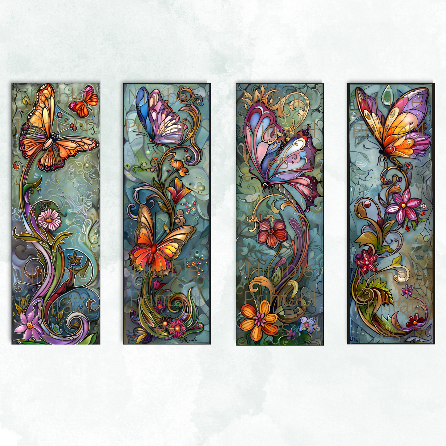 Printable Bookmarks Bundle Fantasy Butterflies, Digital Downloads, Stained Glass, 40 PNG and 40 JPG Bookmark Sublimation