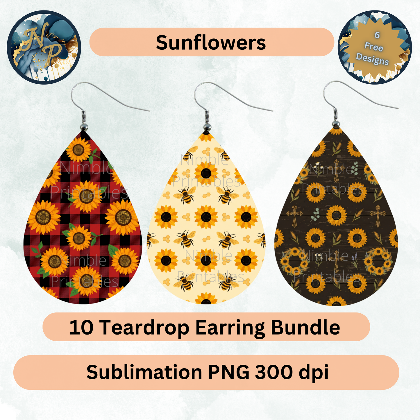 Sunflower and honeybee teardrop earring designs, 10 earring bundle.
