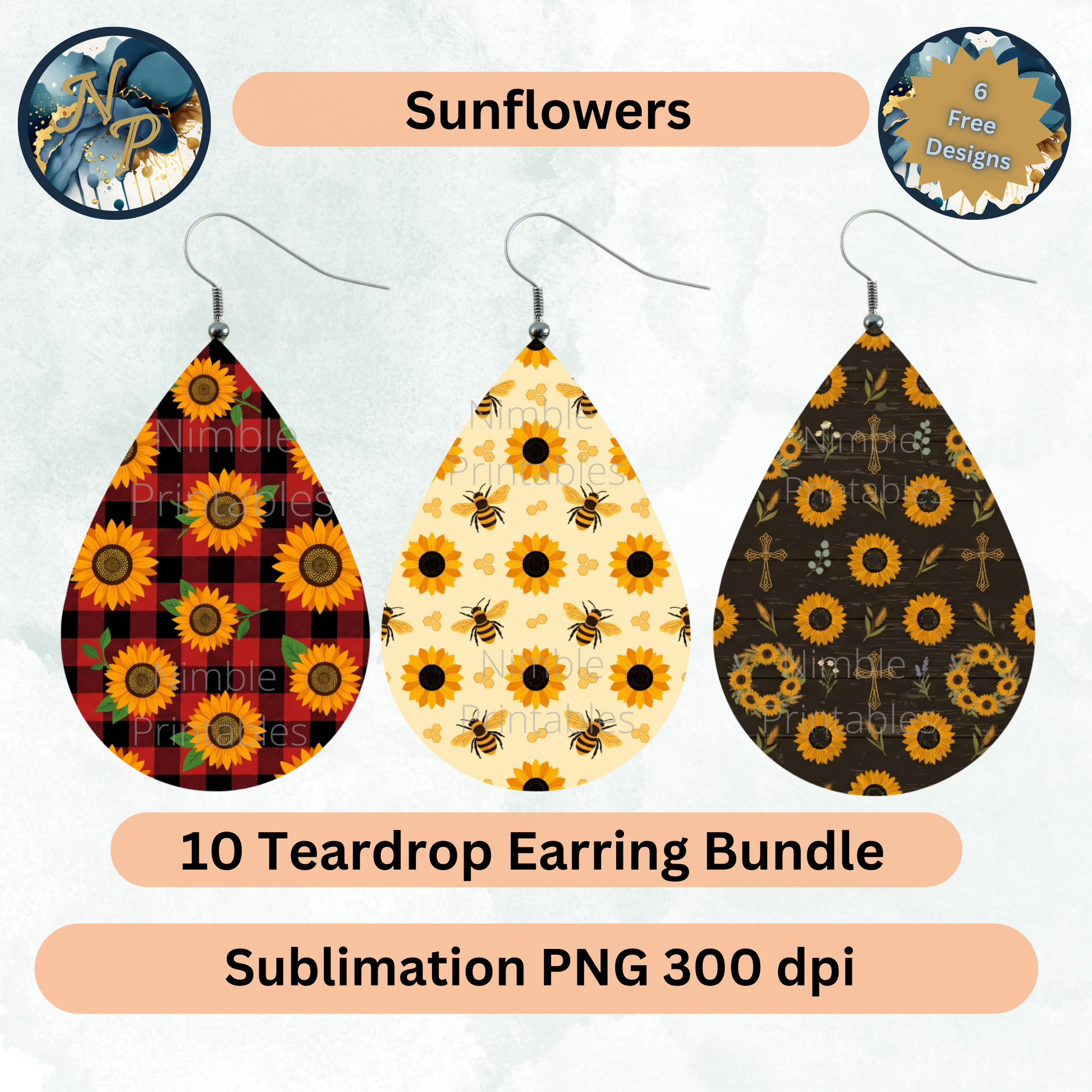 Sunflower and honeybee teardrop earring designs, 10 earring bundle.