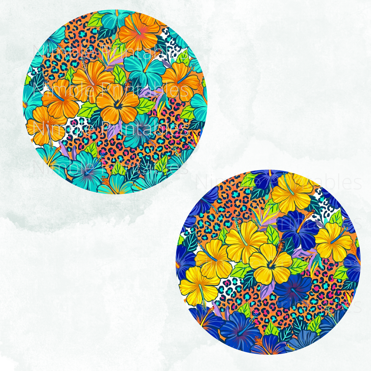 Two circular designs with hibiscus flowers and leopard print.