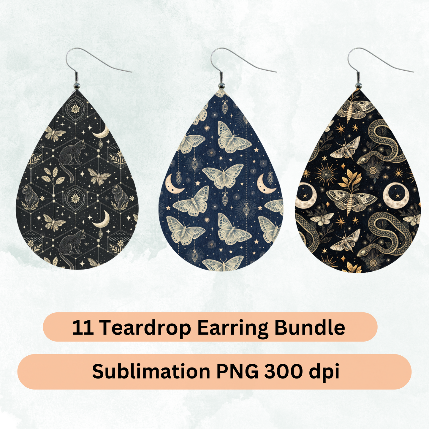 Bohemian Teardrop Earring Bundle, Celestial Moon and Stars, Butterfly Patterns, Sublimation PNG, 300 dpi Digital Download