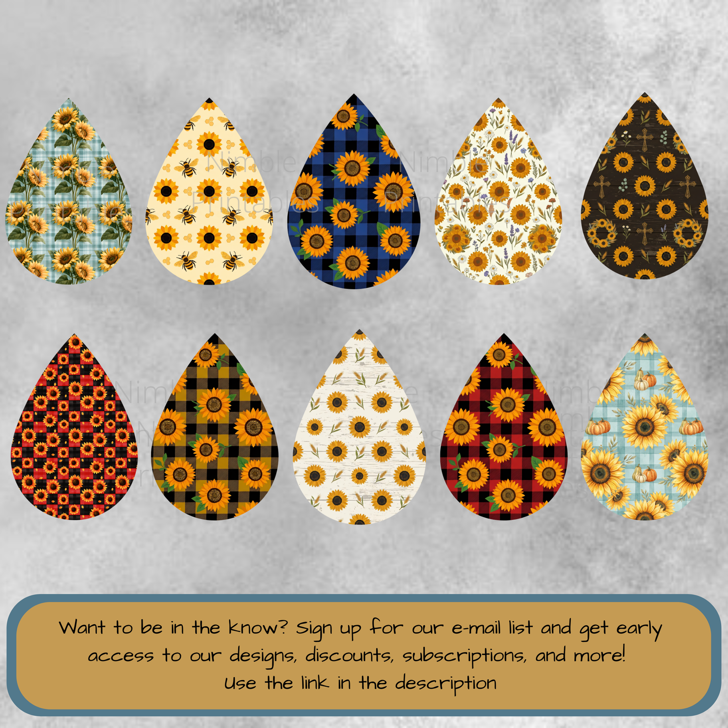 Ten teardrop shapes with sunflower, bumblebee, plaid, and cross designs.