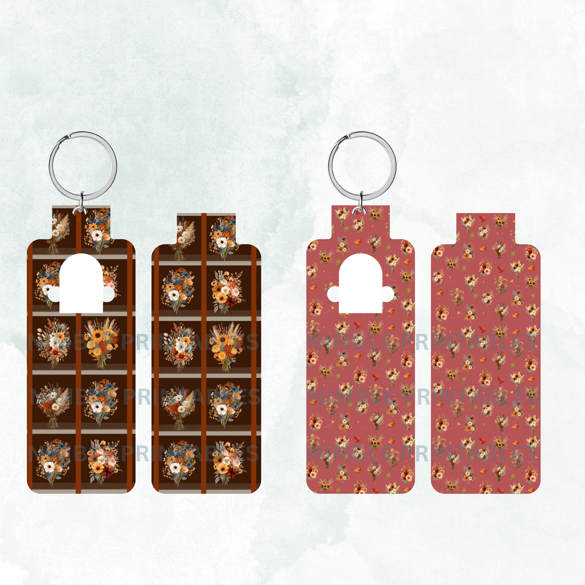 Two keychain designs with floral bouquet patterns in brown and red.