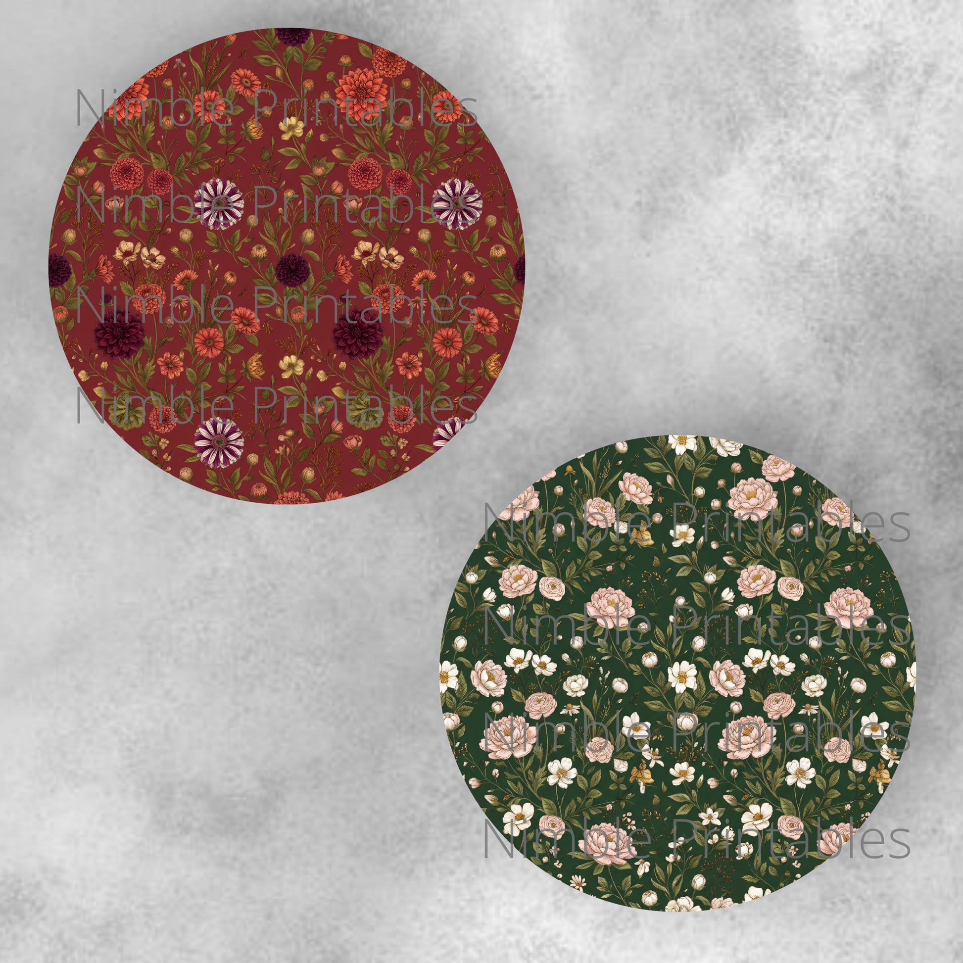 Two circular floral patterns: one with red background and floral details, another with dark green background and floral details.