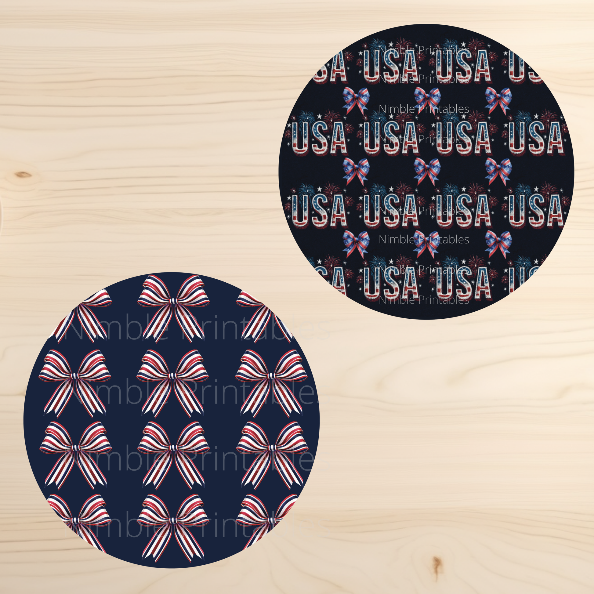 Two circular patterns featuring red, white, and blue USA flag and bow designs.
