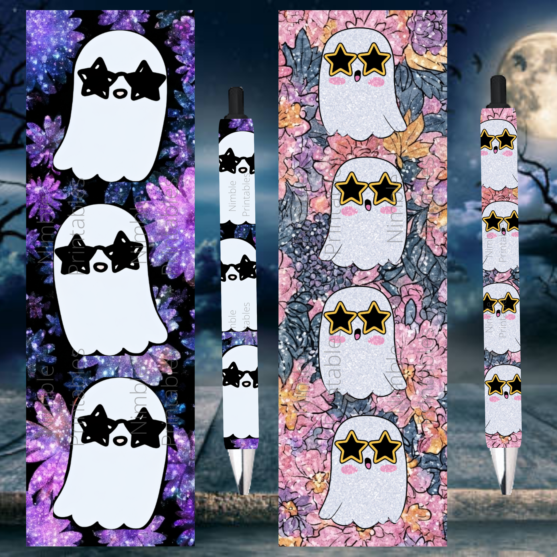 Ghost with star sunglasses on glitter floral background and pen wraps.