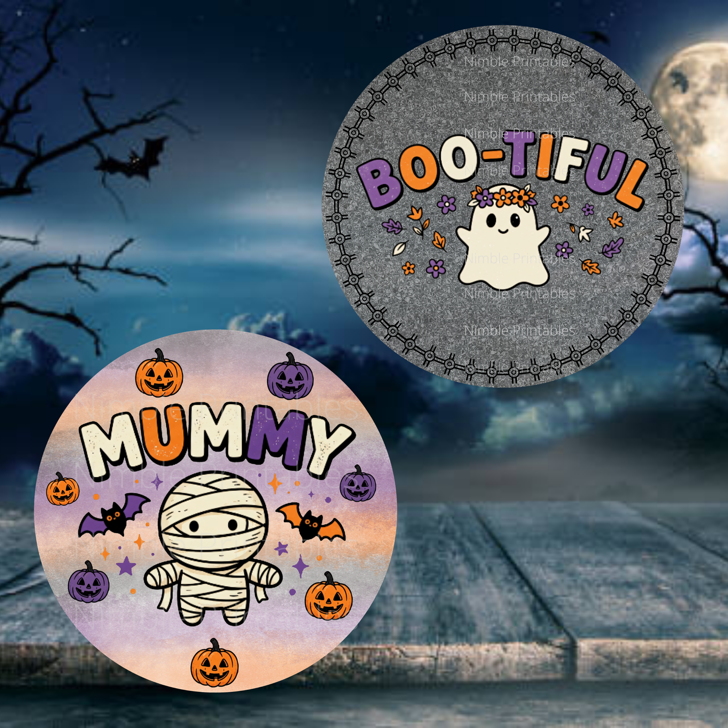 Halloween graphics with "Mummy" and "Boo-tiful" text, featuring pumpkins and ghosts.