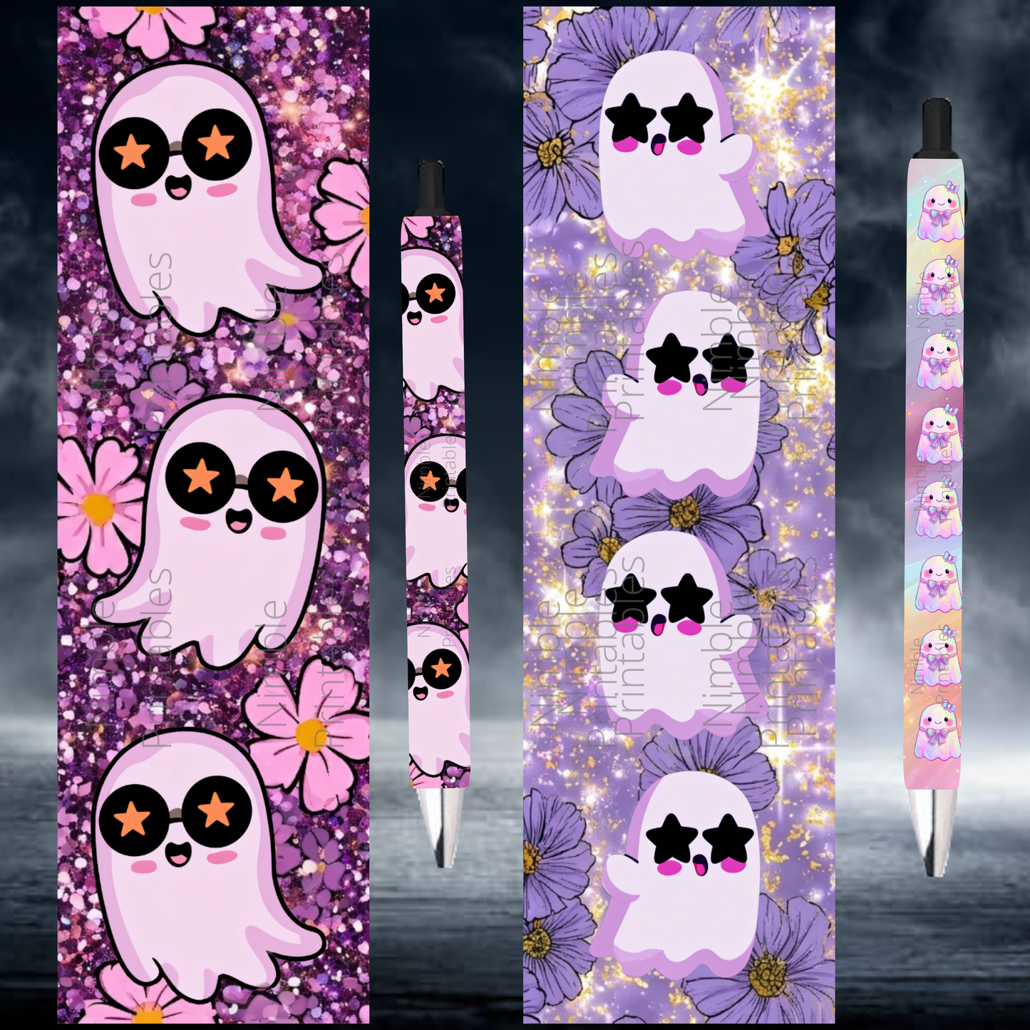 Cute purple ghosts with star sunglasses and flowers on a glitter background.
