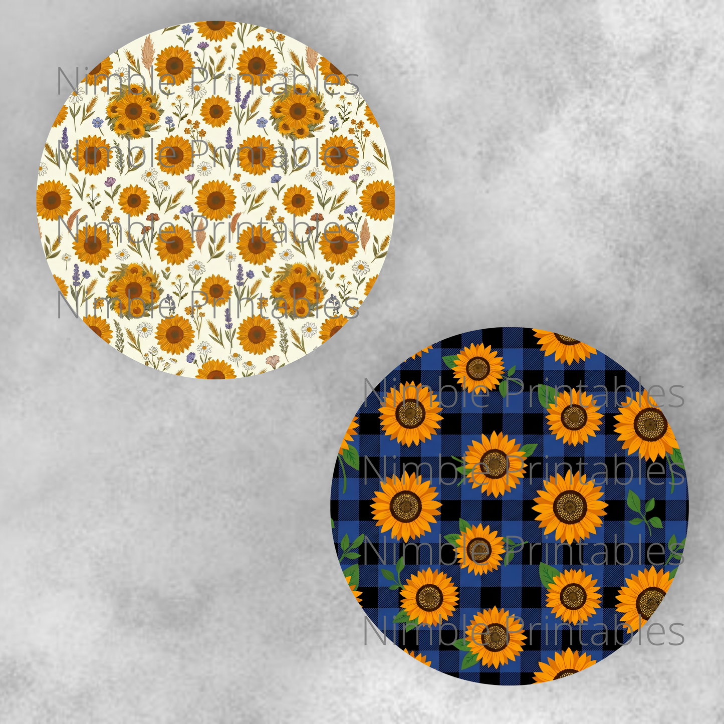 Two circular designs: one with sunflowers and wildflowers, one with sunflowers on blue buffalo check.
