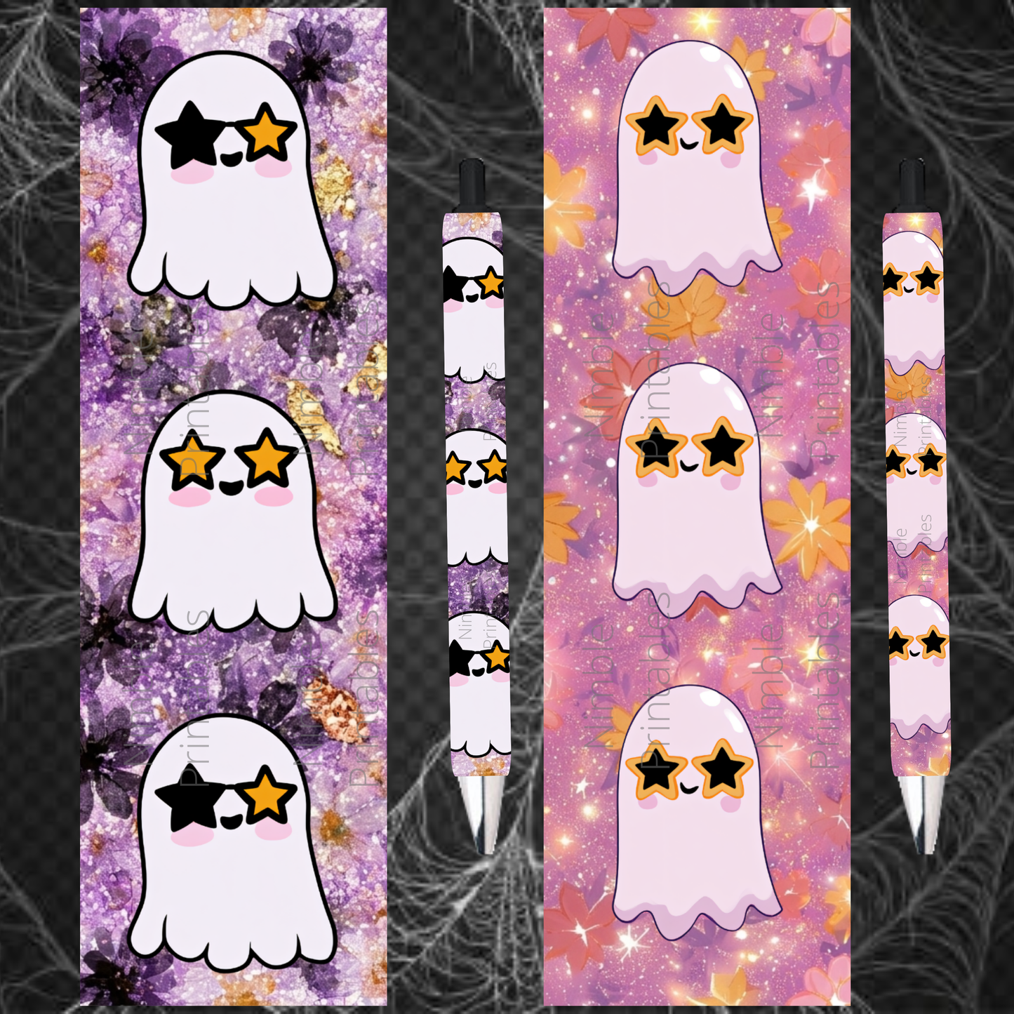 Three cartoon ghosts with star sunglasses on sparkly floral backgrounds, flanked by pens.