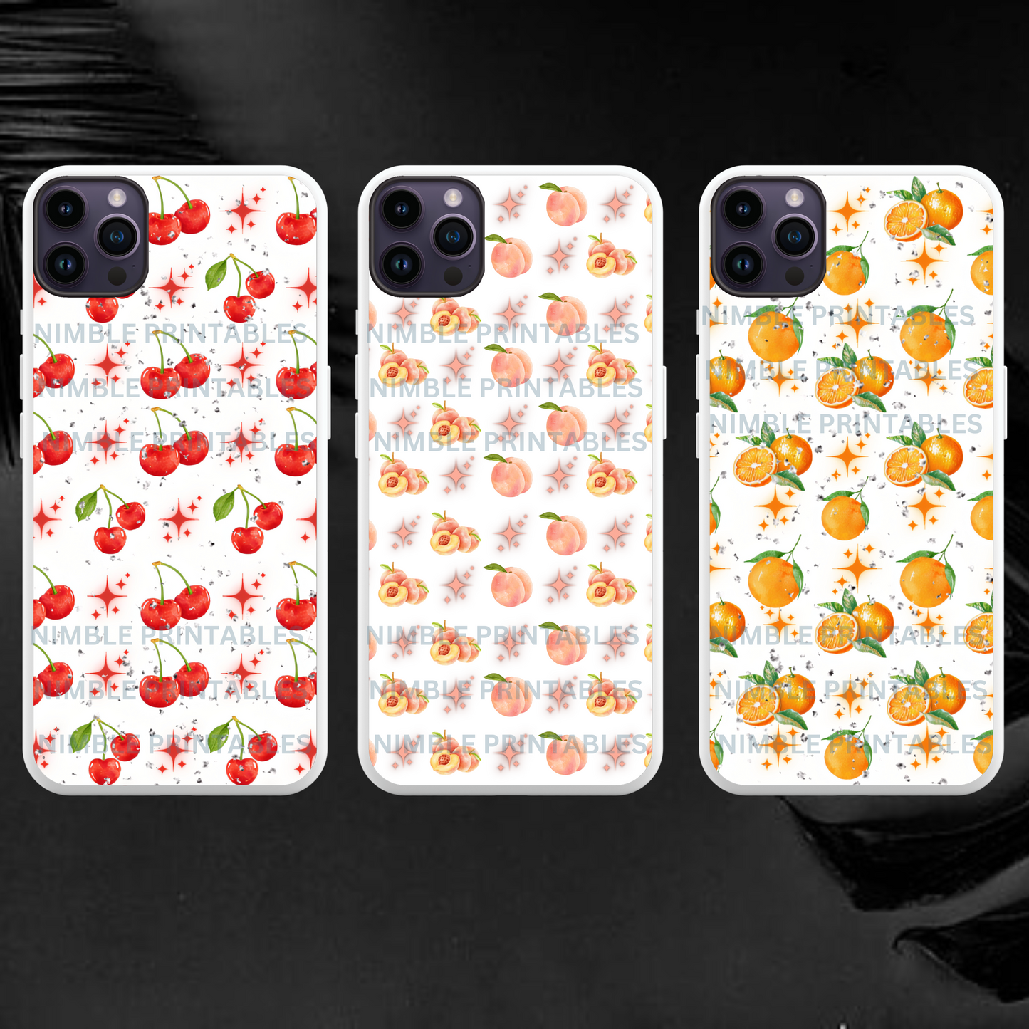 Fruit Print Sublimation Phone Case PNG, Phone Case Design Digital Download Cherry PNG, Passion Fruit PNG, Lemon png, Orange png, Glitter png