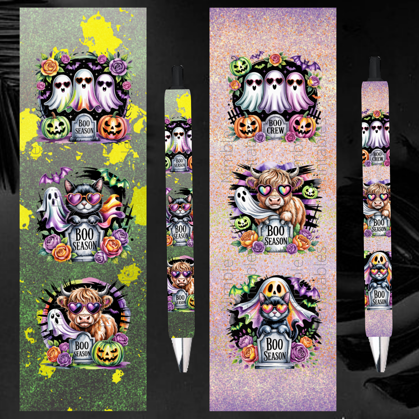 Pen Wraps Sublimation Designs PNG, Skinny Pen Wrap, Ink Joy and Waterslide Design, Halloween Ghost, Black Cat, Highland Cow Instant Download