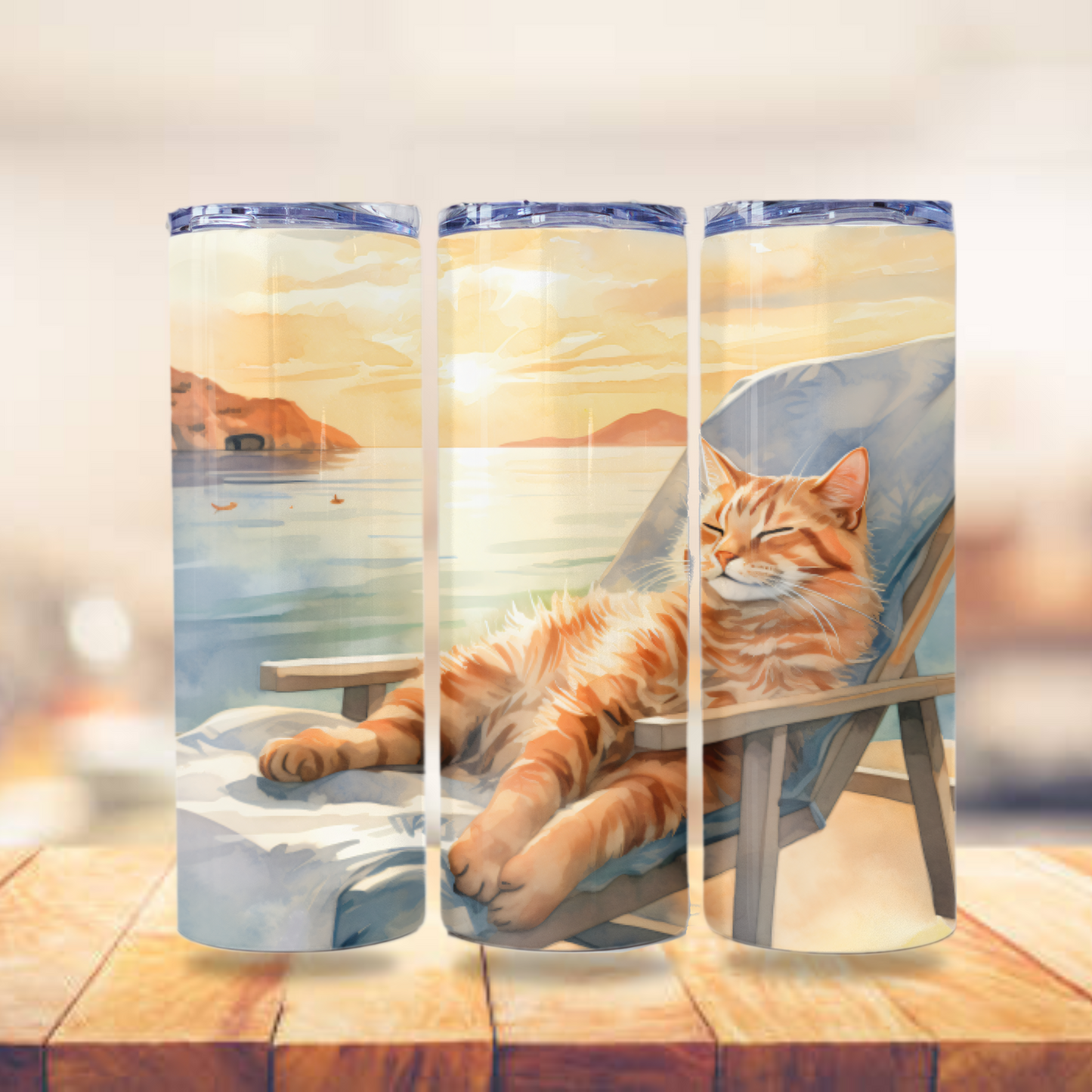 Cat Tumbler Wrap, Beach Tumbler Wrap Sublimation Design 20 oz Skinny Tumbler Digital Download PNG Cute Cat PNG Beach PNG Orange Cat
