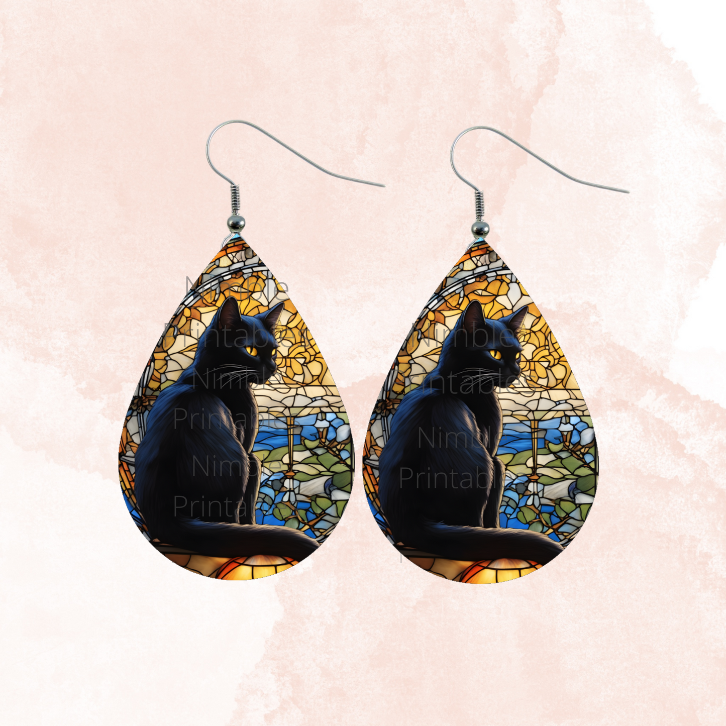 Teardrop Earring PNG Black Cat Sublimation Earring Designs Digital Download Instant Download Halloween PNG Stained Glass png