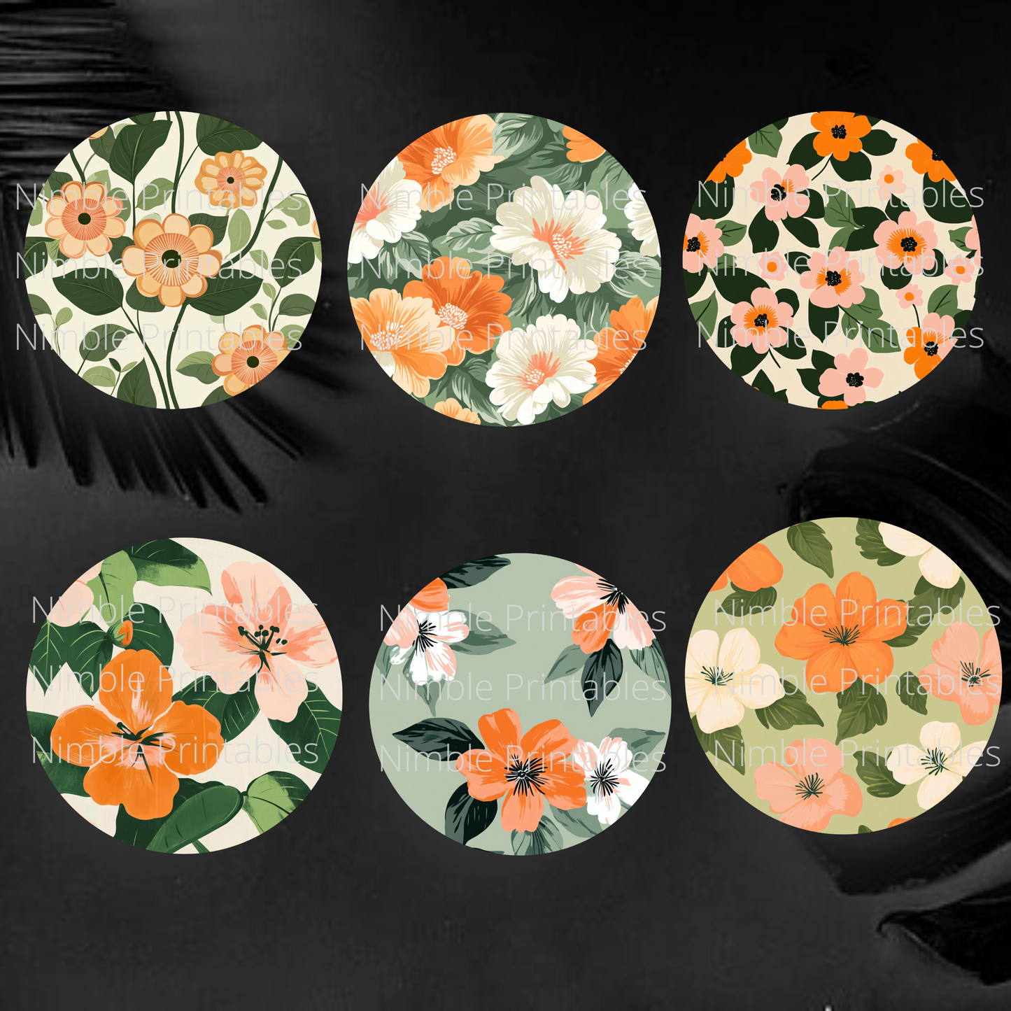 Coaster PNG, Car Coaster PNG, Orange and Pink Floral Bundle Instant Downloads Sublimation Design Car Accessories