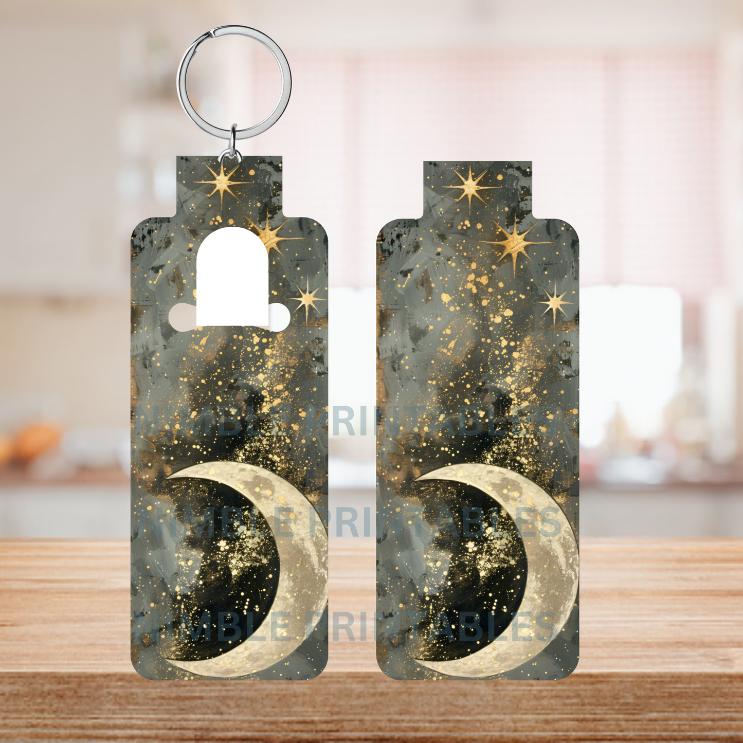 Celestial Moon and Stars Keychain, Black Gold Glitter Motif, Unique Gift, Space Theme, Starry Night Sky, Handcrafted Acrylic Key Tag