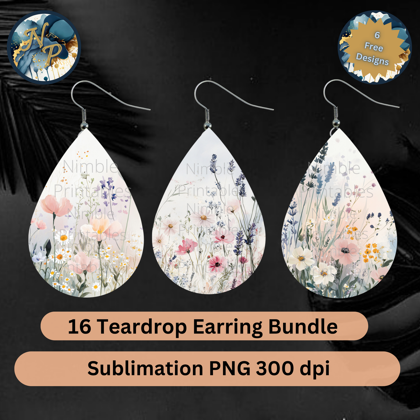 Teardrop Earring Bundle Sublimation PNG 300 dpi Floral Design 16 Pieces Digital Download