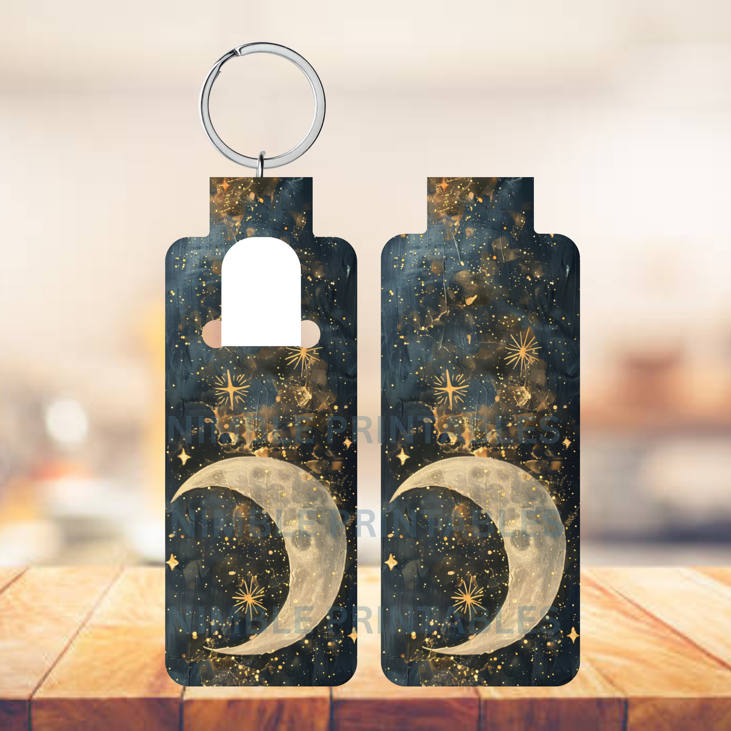 Celestial Moon and Stars Design Door Tags, Navy Gold Sparkling Keychains, Unique Housewarming Gifts, Decorative Keyring Set