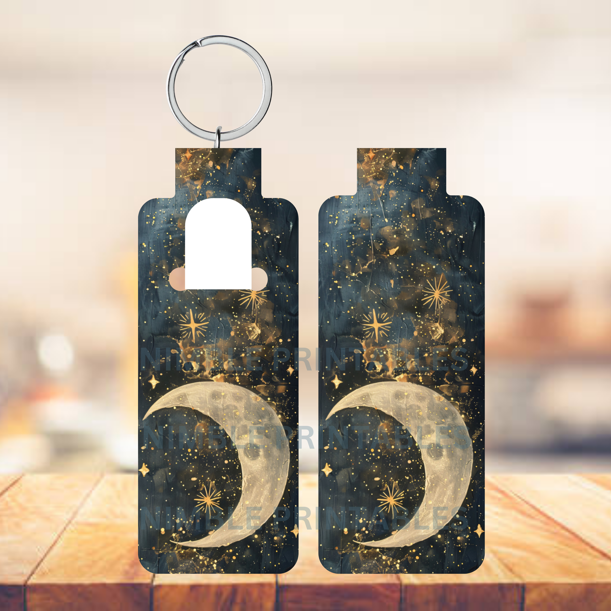 Celestial Moon and Stars Design Door Tags, Navy Gold Sparkling Keychains, Unique Housewarming Gifts, Decorative Keyring Set