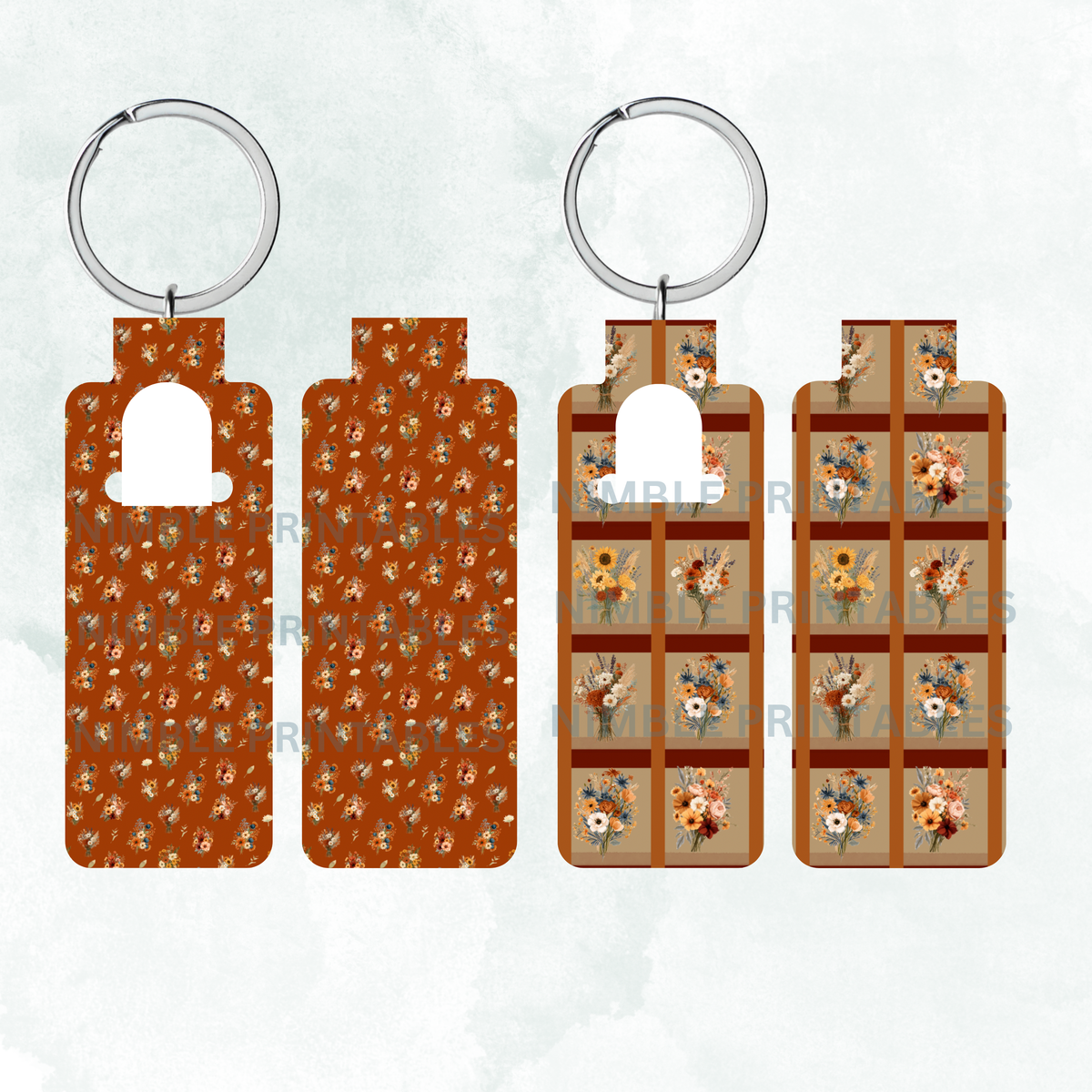 Four keychains: two with all-over floral pattern, two with plaid and floral bouquets.