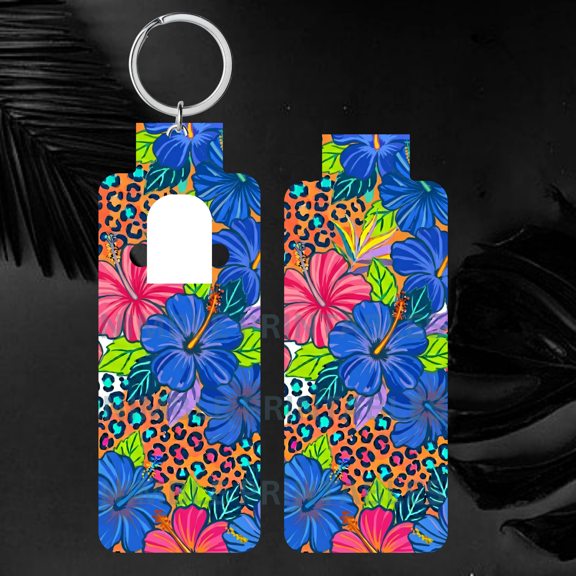 Hand sanitizer bottle with tropical floral and leopard print.