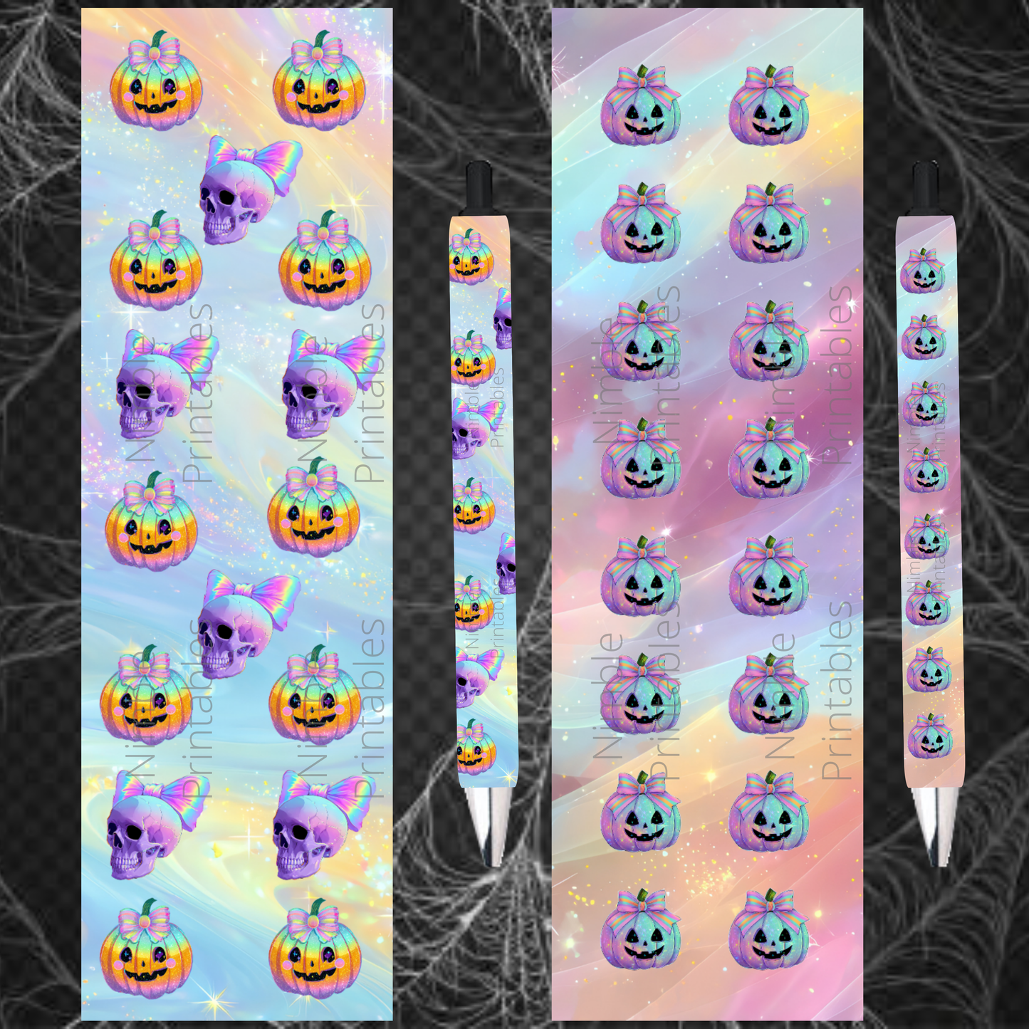 Rainbow pumpkins and skulls with pastel bows on textured backgrounds.