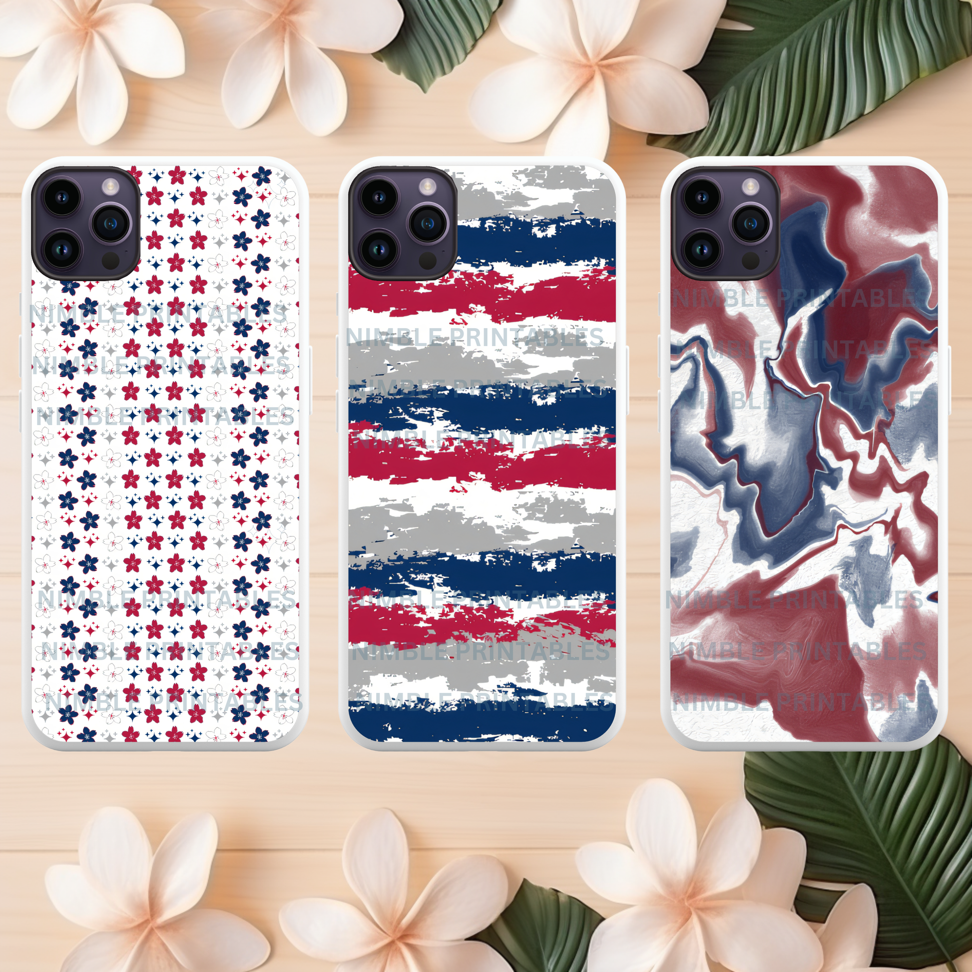 Three iPhone cases with floral, striped, and marbled patterns on a wooden background.