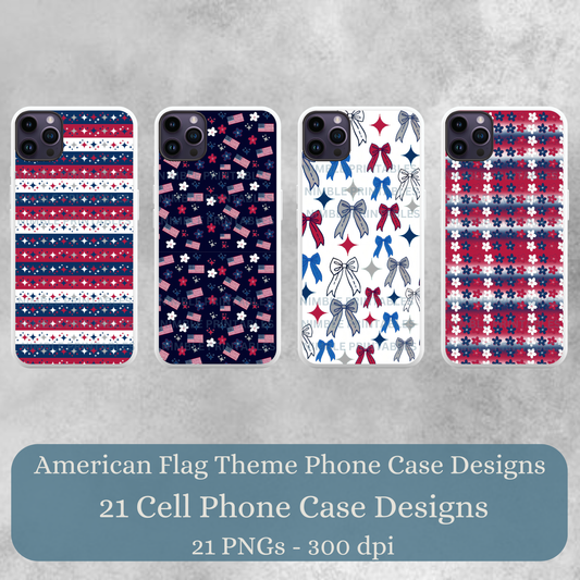 Four iPhone cases with American flag, stars, and stripes patterns.
