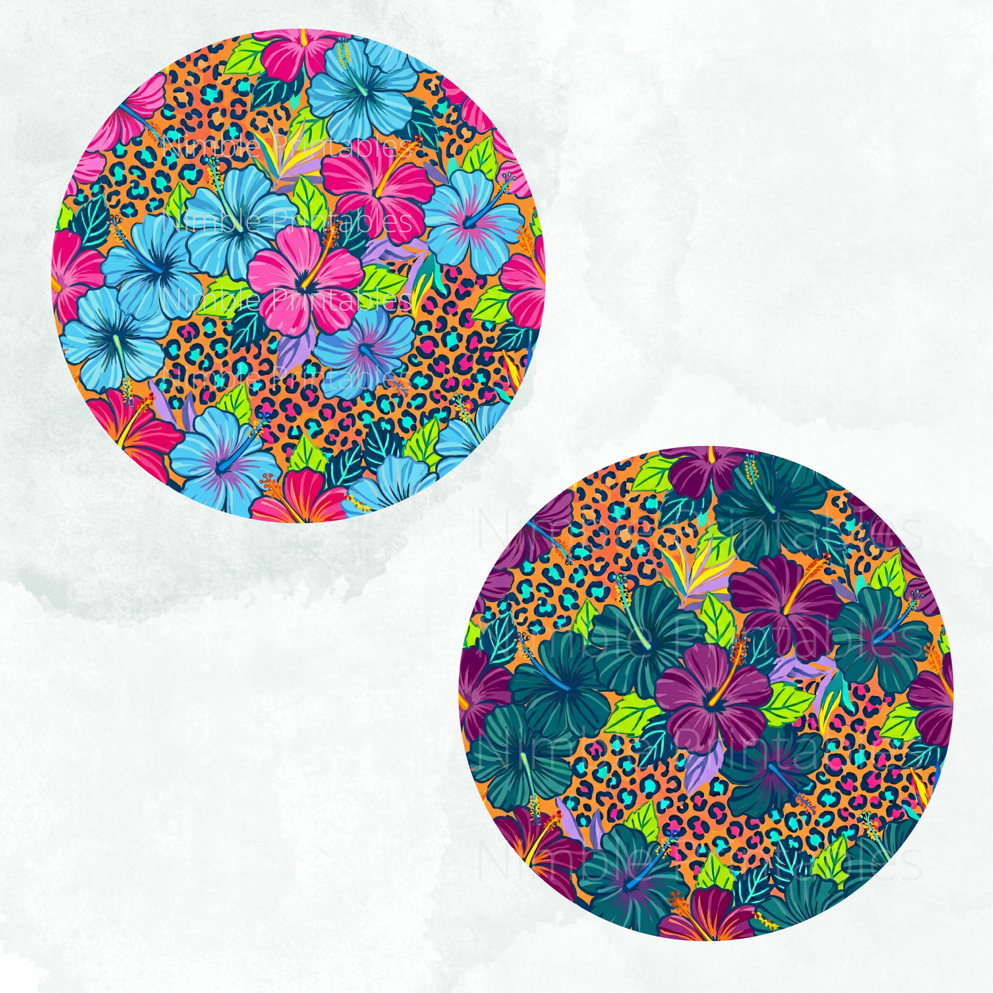 Two circular designs featuring hibiscus flowers and leopard print patterns.