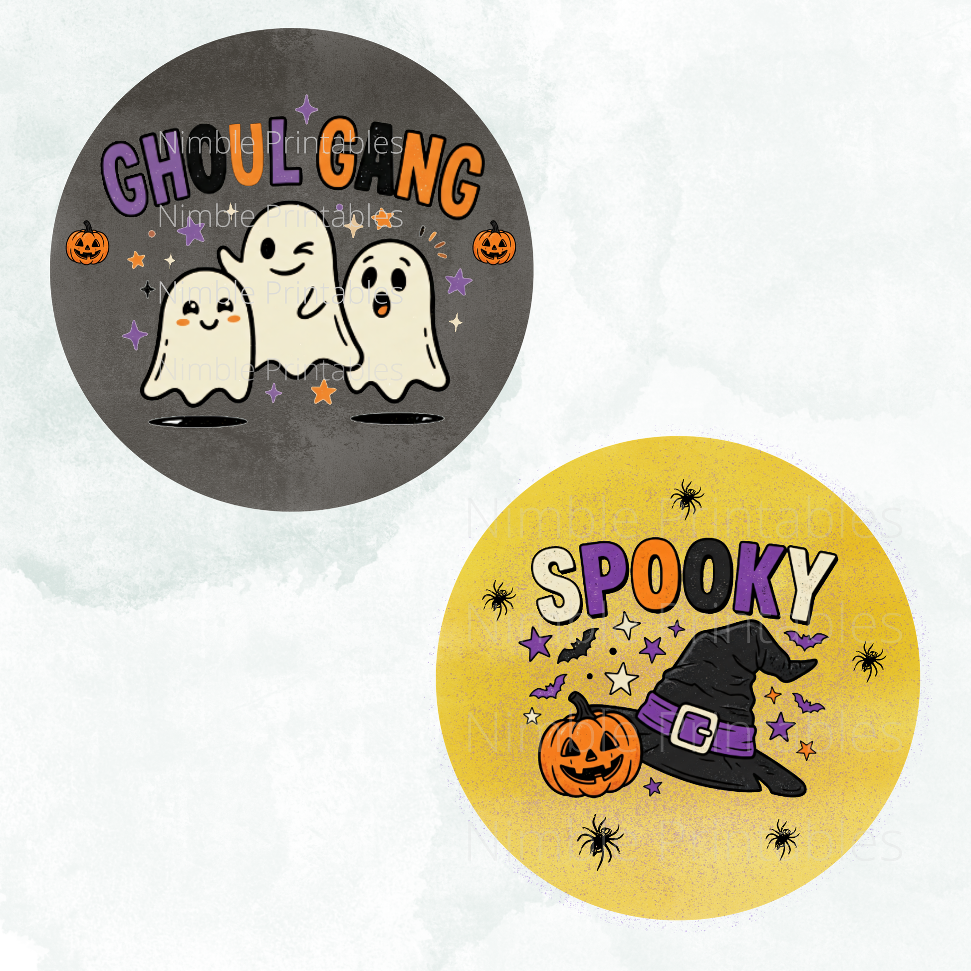 Halloween themed circular designs with ghosts and spooky text
