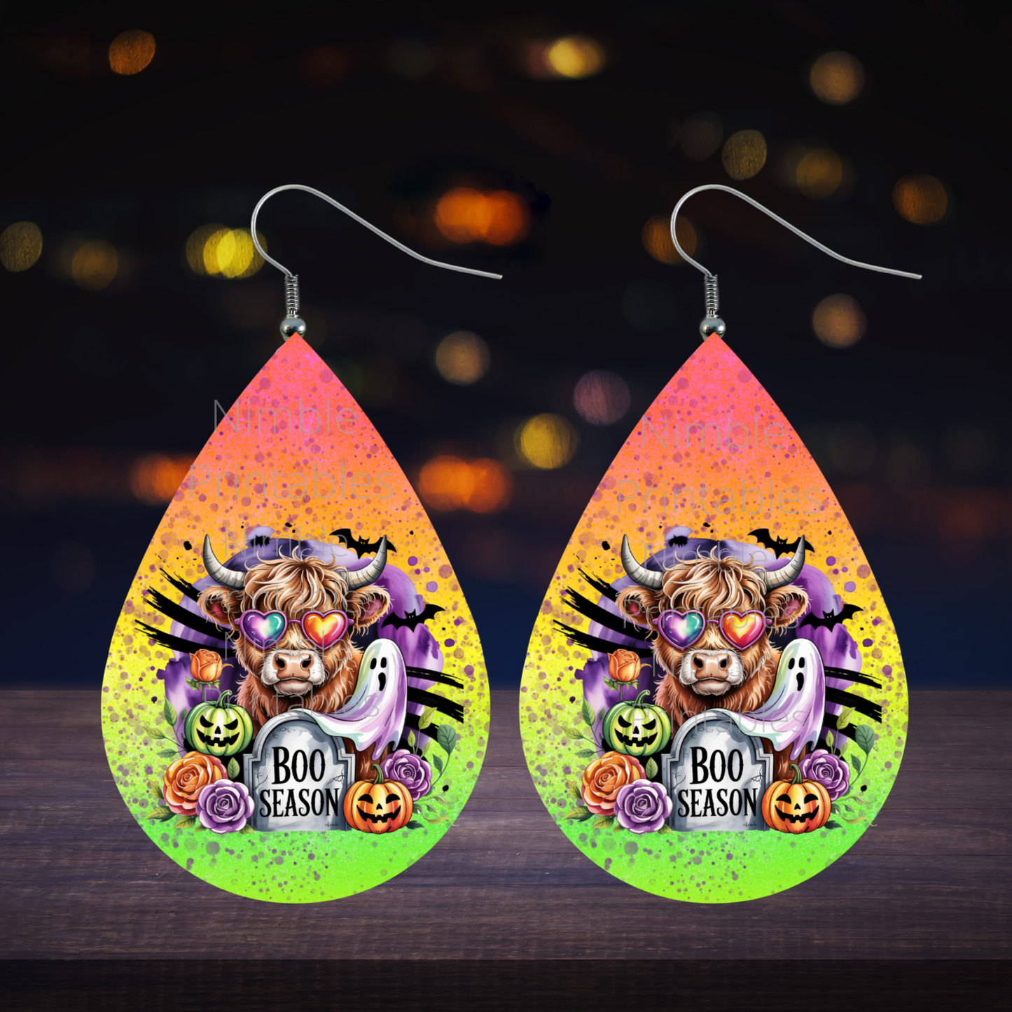 Teardrop Earring PNG Halloween, Ghost, Black Cat, Highland Cow Boo Season PNG Sublimation Earring Bundle Designs Digital Instant Download
