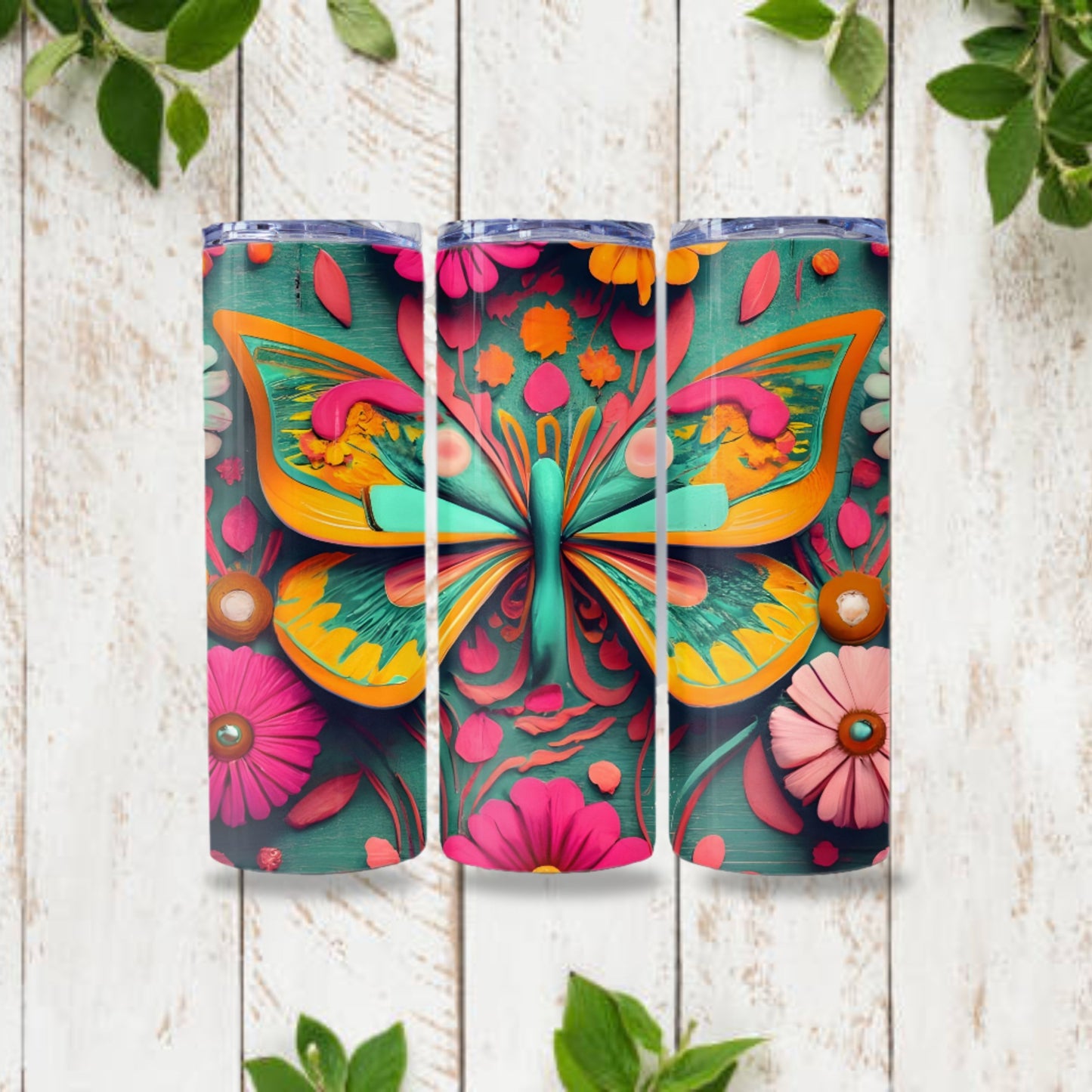 Butterfly Tumbler Wrap 3D Design Boho Pink and Teal Tumbler Sublimation 20oz Skinny Tumbler Digital Download PNG Straight Skinny Tumbler
