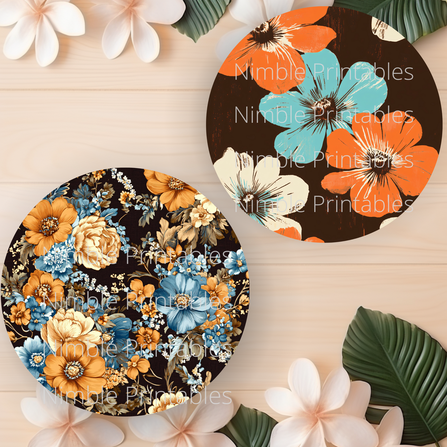Coaster PNG, Car Coaster PNG, Orange and Pink Floral Bundle Instant Downloads Sublimation Design Car Accessories