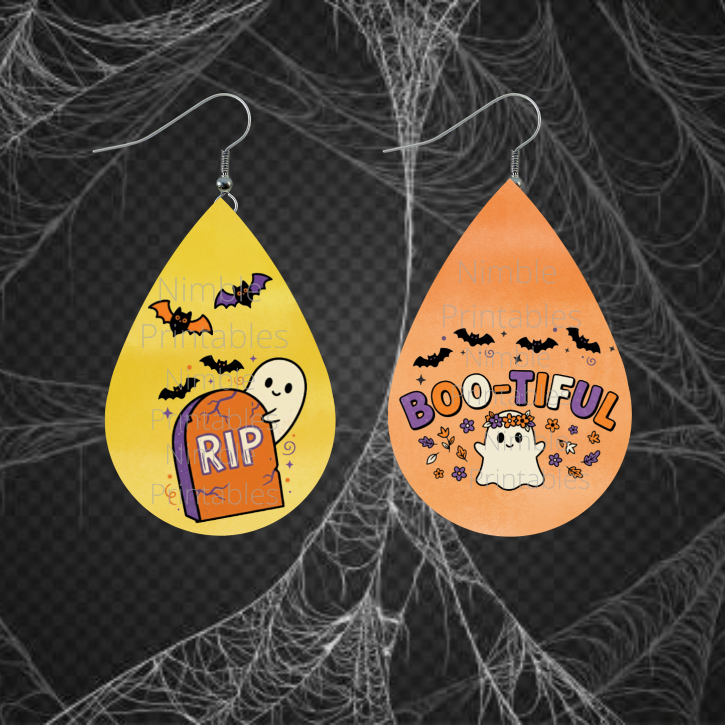 Halloween earrings with ghosts, bats, and tombstone graphics.