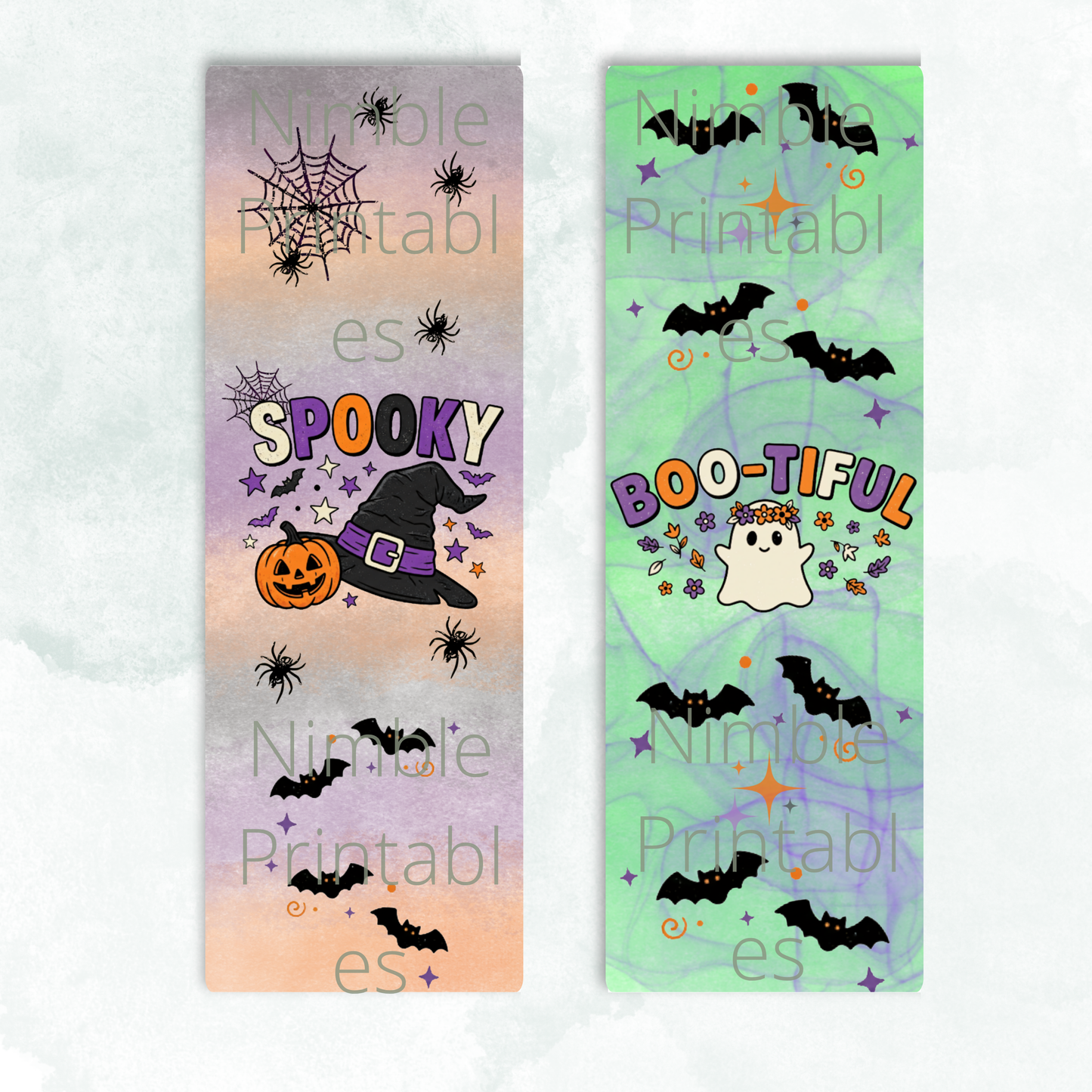 Two Halloween-themed bookmarks, "SPOOKY" and "BOO-TIFUL," with pumpkins, ghosts, bats, and spiders.
