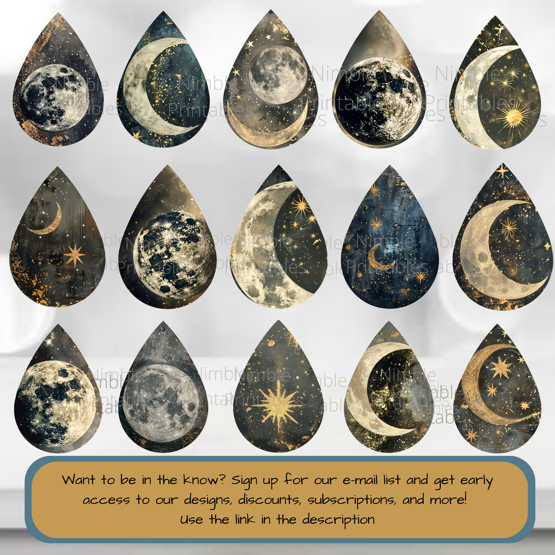 Celestial Moon Phases Watercolor Drops, Printable Wall Art, Cosmic Night Sky Decor, Starry Moonlit Digital Prints, Set of 12 Designs