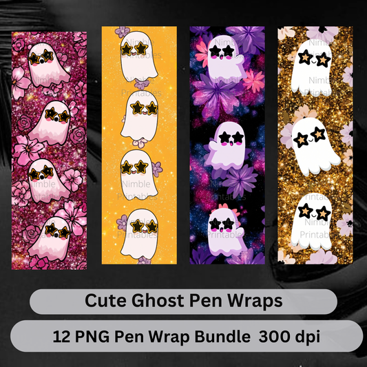 Cute ghost pen wraps bundle with 12 PNG designs at 300 dpi.